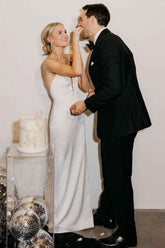 Simple White Satin Plunge Neck Backless Sheath Wedding Dress